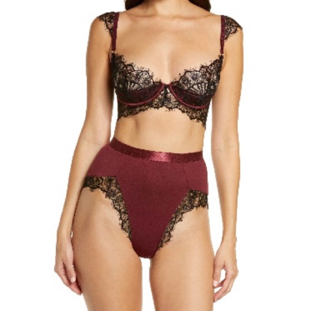High-Waist Lace Trim Bra & Brief Set - Wine